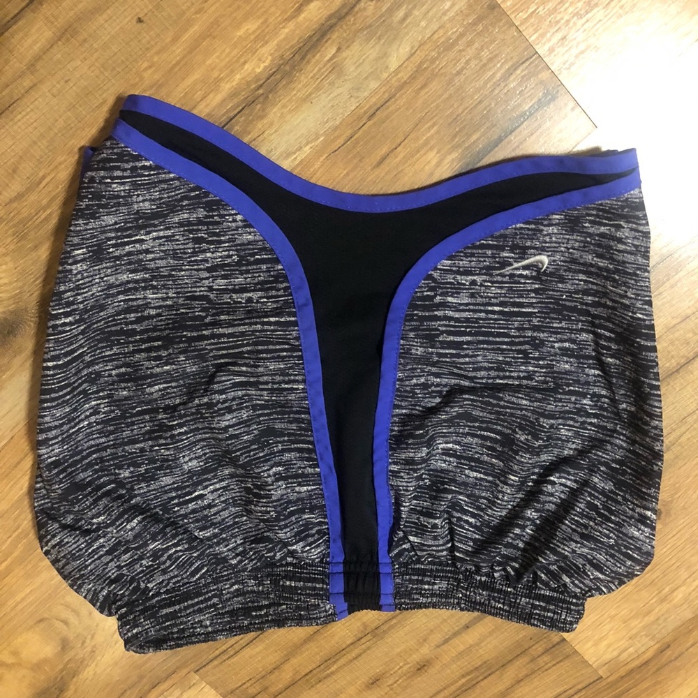 Grey and purple nike running shorts